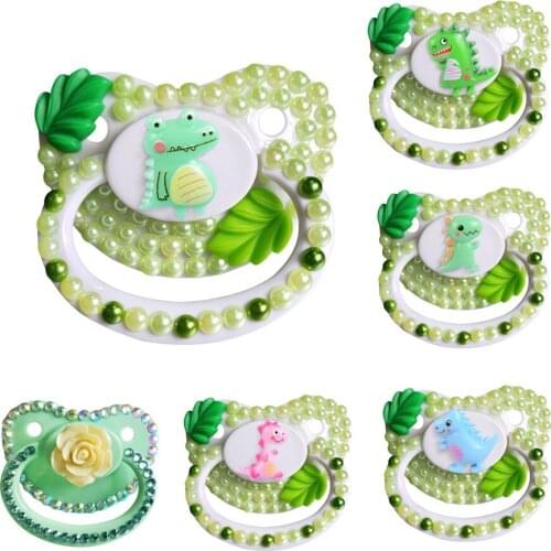 Handmade Bling Green Adult Pacifier Adult Baby Size Cute Gem Pacifier Dummy ABDL Silicone Nipple Dinosaur Pacifier