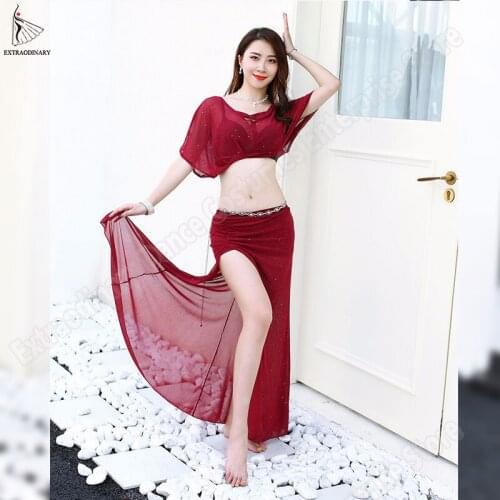 New Women Practice Clothes Belly Dance Top Split Long Skirt Costumes Set 2pcs Stage Performance Top Skirt Clothes