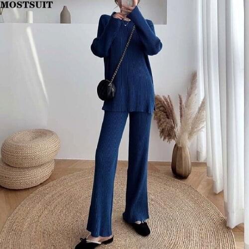 Vintage Loose Women Knitted Set Long Sleeve Pullovers & Elastic Waist Sweater Pants Autumn Winter Ladies 2 Pieces Set 2022