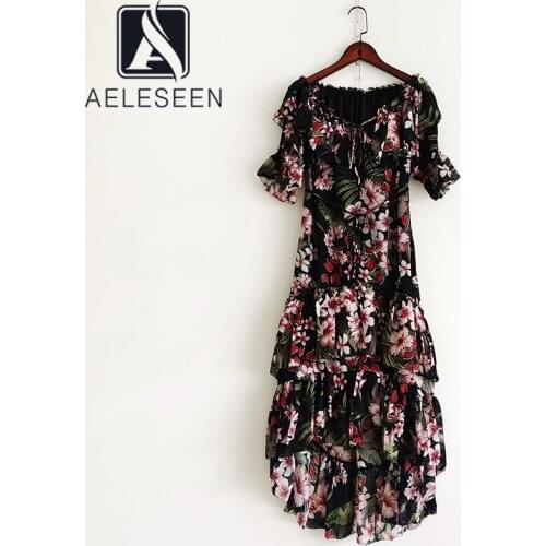 AELESEEN Runway Fashion Irregular Dress Women 2021 Designer V-Neck Ruffles Flower Print Elegant Long Holiday Dress