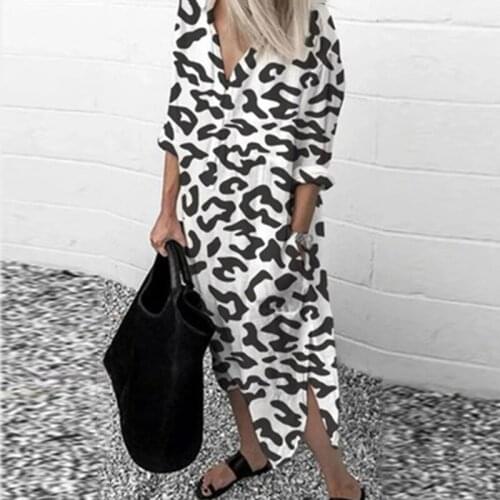 Woman Lapel Printing Long Sleeve Spring Dress Cotton Split Dresses Elegant Work Office Vestidos Female Tunic Robe Plus Size 5XL