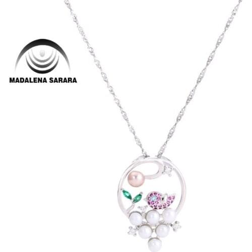 MADALENA SARARA 3.5-4.5mm AAA Freshwater Pearl Semi Round Bird Style Sterling Silver 925 Chain Necklace AAAA CZ inlaid