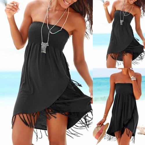 Strapless Sexy Dress Women 2021 Boho Off The Shoulder Tassel Dress Balck Asymmetrical Summer Beach Dresses Vestidos