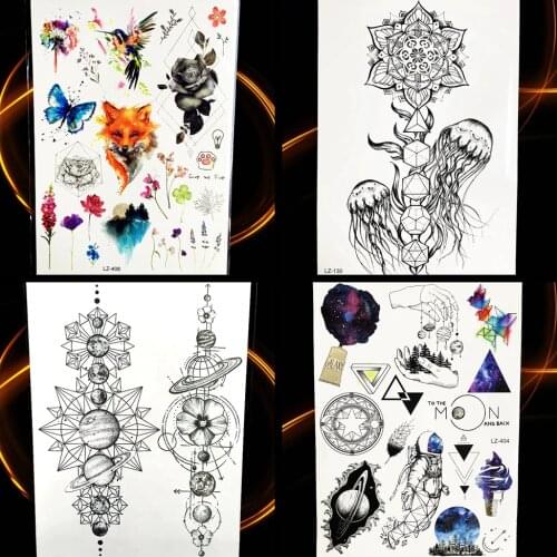 3D Black Geometric Jellyfish Temporary Tattoo Stickers Women Mandala Flower Tattoo Bracelet Planet Men Arm Fox Tatoo Supplies