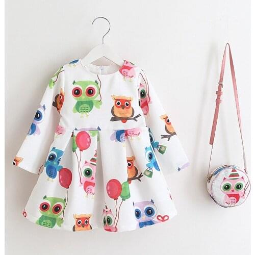ChildrenS Dress For Girls Spring Printed Owl Cotton Clothes Kids Baby Long-Sleeved Princess Dress Fashion Party Clothing+Bag