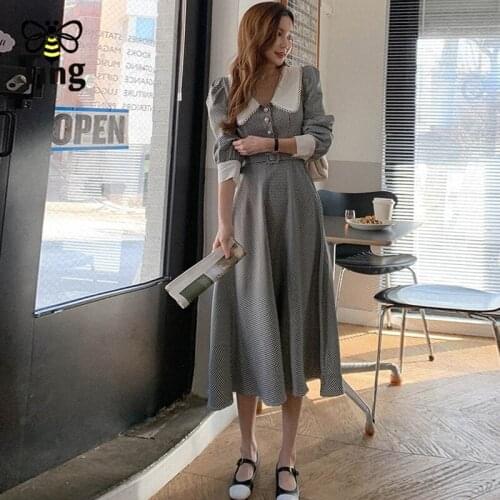Tingfly Vintage Elegant England Stylish Plaid Chic A Line Midi Long Dress Peter Pan Collar Spring Autumn Retro Vestidos Zaful
