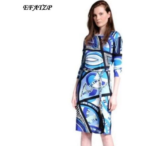 [EFATZP] New Luxury Brands Womens Blue Geometry Print Long Sleeves With Sashes Plus Size XXL Stretch Jersey Silk Dress