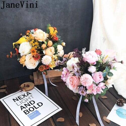 JaneVini Pink Orange Artificial Flowers Bride Bouquts Rose Calla Lily Wedding Bouquets Bridal Flower Buket Brooch Buque De Noiva
