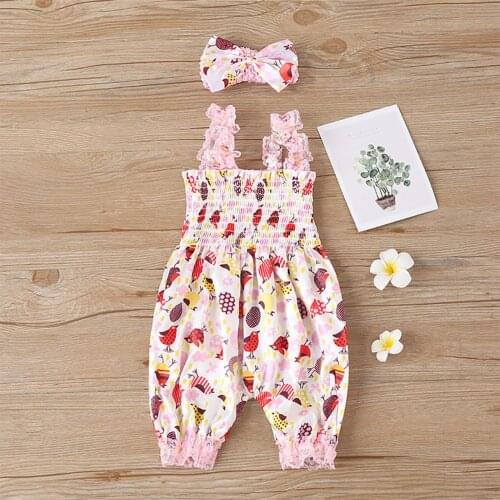 Newborn Baby Girls Clothes Jumpsuit One Piece Easter Eggs Sling Lace Romper Headband Outfits Bodysuit Infant Clothing Sets L