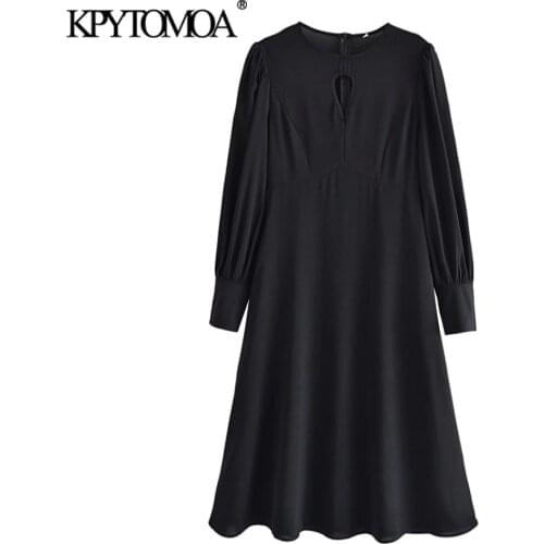 KPYTOMOA Women 2021 Elegant Fashion Hollow Out Fitted Midi Dress Vintage Long Sleeve Back Zipper Female Dresses Vestidos Mujer