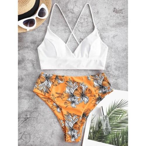 Swimming Suit For Women Two Piece Flower Print High Waist Bikini Set Bathing Suit Split Plus Size Beachwear Swimsuit Bikini 2021