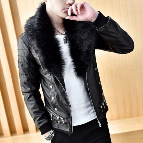 Korean Thick Fleece Liner Motorcycle Faux Leather Windproof Jackets Personality Zip Big Faux Fur Collar Slim Male Short Coats