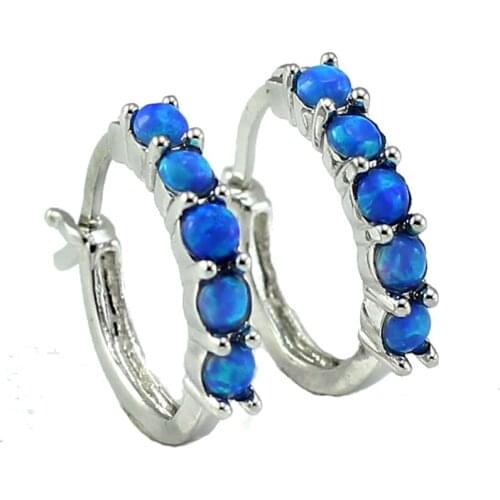 Small Blue Fire Opal Stones Silver Plated Hoop Earrings for Women OE167
