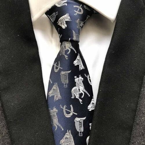 Fashion Design 100% Silk Necktie Navy Blue with White Embroidery Horse Woven Ties