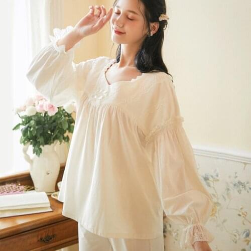 Pajamas suit womens long-sleeve cotton retro loose plus size palace style sweet home service two-piece sexy sleepwear pijama
