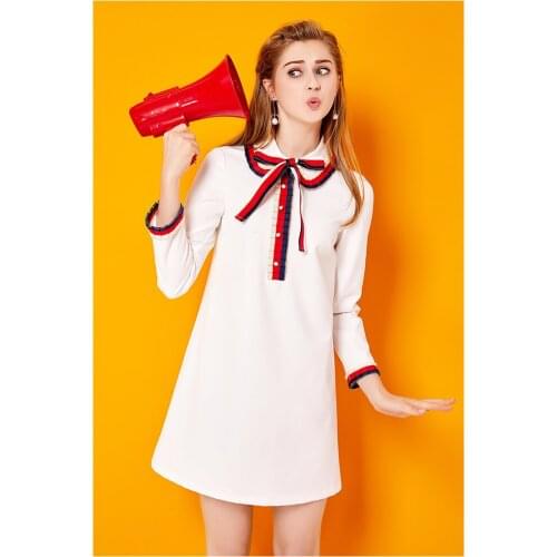 Polo Collar Dress 2017 New Autumn Womens Korean Version Long Sleeve Loose A-LINE Skirt Ladies White Party Dresses