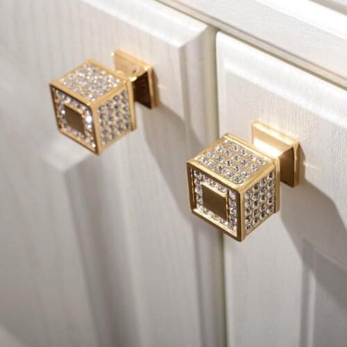 Luxury 24K Real Gold Czech Crystal Brass Round Cabinet Door Knobs and Handles Furnitures Cupboard Wardrobe Drawer Pull Handles