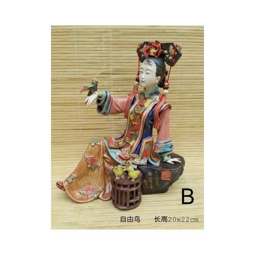 Painted porcelain Qing Dynasty chinese retro woman with bird sculpture figures ornament statue figurine art and craft decoation