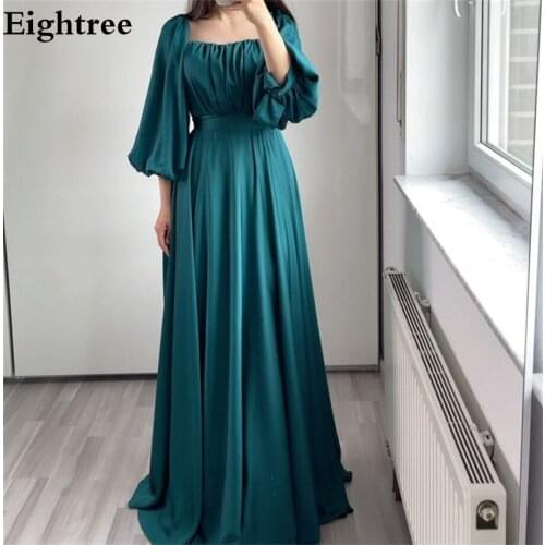 Eightree Navy Blue Long Square Neck Arabic Party Gown Evening Dresses Long Puff Sleeves A Line Night Muslim Night Dress
