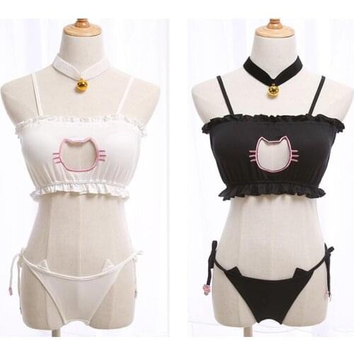 Japanese Kawaii Lingerie Katze Uniform Cosplay Sexy Schoolgirl Cute Anime Lingerie Role Play Ladies Underwear Set Black White