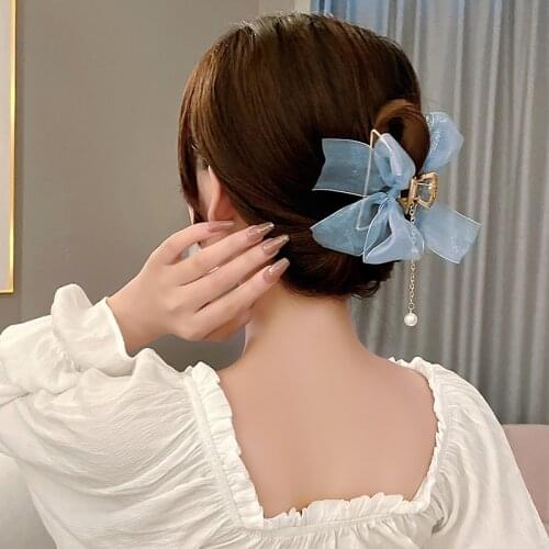 Elegant Women Girls Bow Mesh Pearl Hair Claw Vintage Sweet Hair Accessories Hair Clip Barrettes Ribbon Bowknot Hairpins Headwear