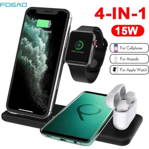FDGAO 4 in 1 wireless Charging Dock for Apple Watch 6 5 4 3 AirPods Qi 15W Fast Charger Charging Station for iPhone 12 11 XS XR