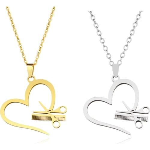 Stainless Steel Hairdresser Scissor Comb Pendant Necklace Heart Hair Stylist Jewelry for Women Girls