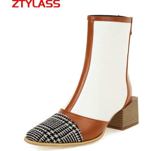 2021 Autumn Winter Women Boots Comfort Thick Heel Ankle Boots Fashion Zipper Square Toe Short Boots Ladies Splicing Dress Shoes