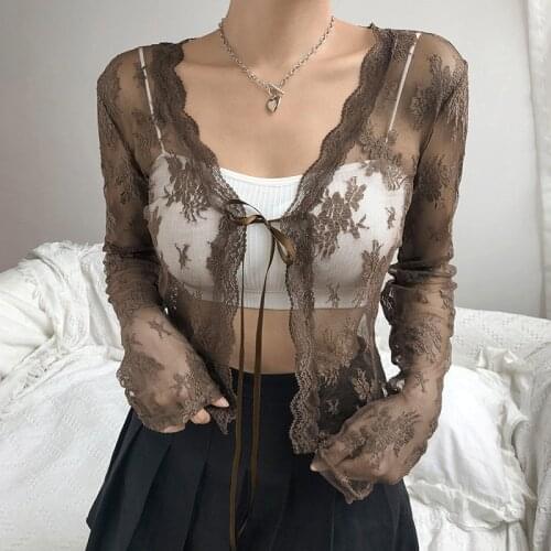 CHRONSTYLE Women Sexy See Through Cardigans Y2K Long Sleeve Lace Mesh Lace Vintage Lace Up Crop Tops Streetwear Cardigans 2021