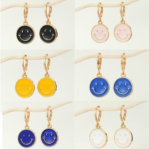 1Pair New Cute Enamel Smiley Face Earrings For Women Punk Multicolor Round Smile Pendant Hoop Earrings Ear Stud Summer Jewelry