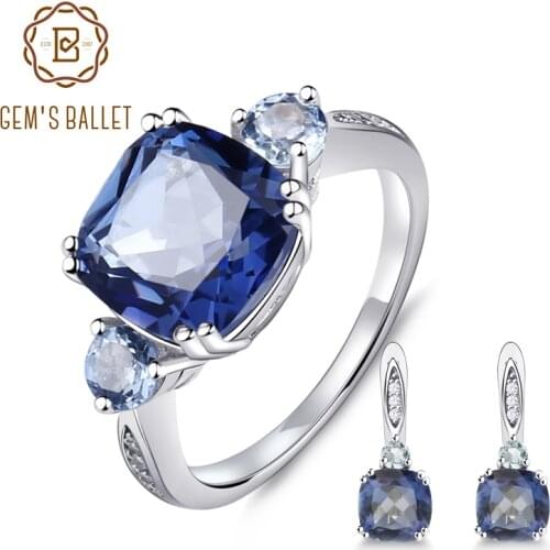 GEMS BALLET Square 9.62ct Natural Iolite Blue Mystic Quartz Fashion Jewelry Set 925 Sterling Silver Earrings Ring Set For Women