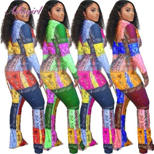 Women Streetwear Party Two Piece Sets Causal Bandana Long Sleeve Zippers Jacket Tops Bell Bottom Pants Suit Outfit Matching Sets
