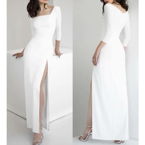 Long Square Collar Sheath Satin Wedding Dresses Side Slit Zipper Back White Ankle Length Bridal Gowns for Women