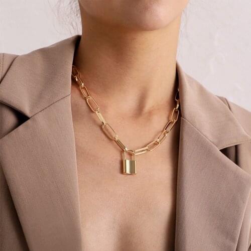 POXAM Bohemian Lock Chain Pendant Necklace For Women Metal Animal Clavicle Choker Necklace 2020 Fashion Gold Colour Cool Jewelry