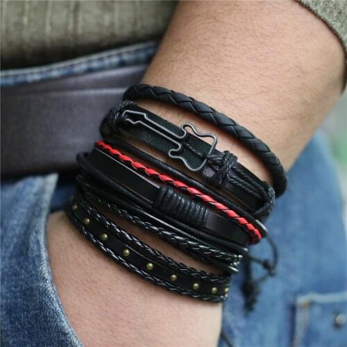 Guitar Weed Black Feather Star Wing Circle Handmade Charm Brown Bronze Leather Men Bracelets Women Fashion Bangle male Jewelry