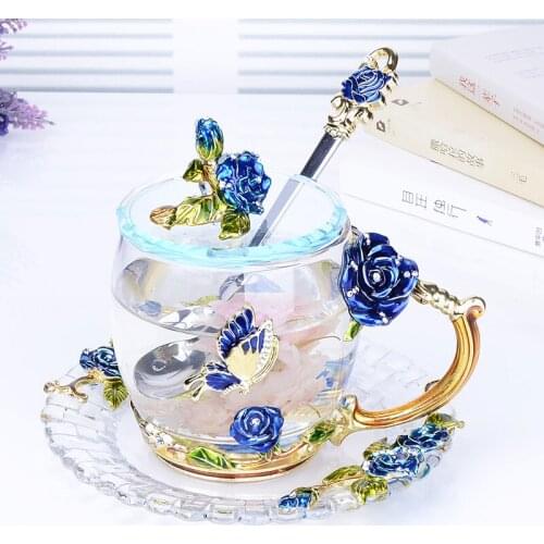 Color Enamel Glass Coffee Mugs tea cups and mugs with Rose spoon beauty home office creative drinkware 330/350ML