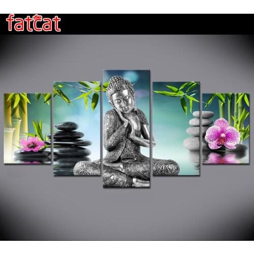 FATCAT 5D Diy Diamond Painting Buddha orchid Bamboo Water Zen 5 Pieces Full Square Round Diamond Embroidery Sale Decor AE883