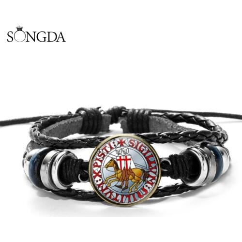 Knight Templar Armor Shield Multilayer Leather Bracelet Freemasonry Malta Knights Templar Seal Symbol Wristband for Men