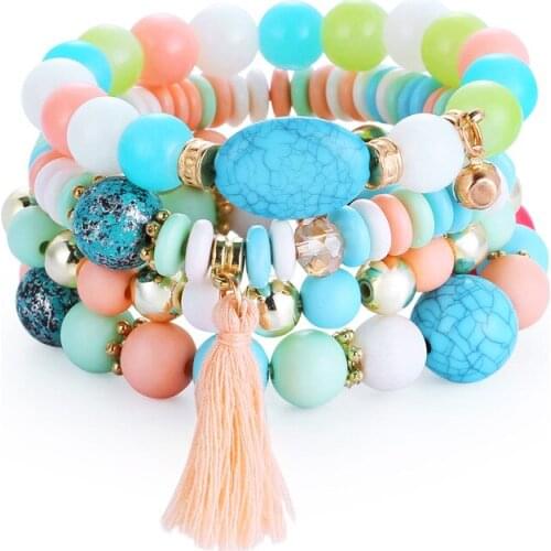 ORNAPEADIA Hot Selling Bangle Bohemian Turquoise Tassel Beaded Multi Bracelet for Women Ladies Beaded Wholesale