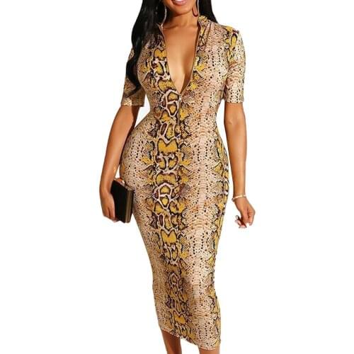 Fashion Sexy Women Snake-effect Print Long/Short Sleeve Bodycon Midi Party Dress 2020