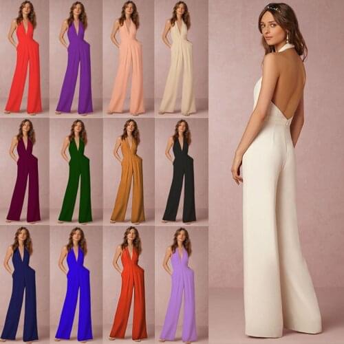 New style foreign trade leisure deep V-neck sexy sleeveless halter jumpsuit