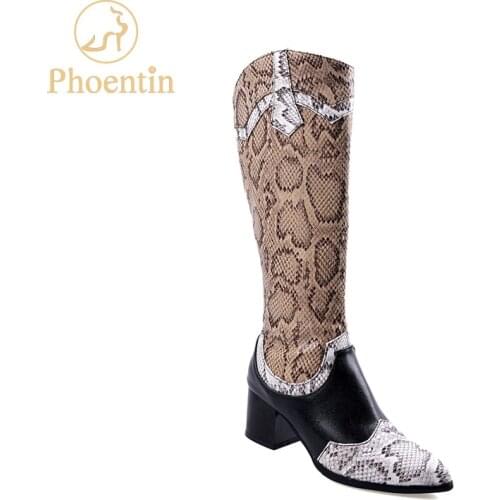 Phoentin snake printed knee high boots 2019 new western mixed colors booties woman PU leather plus size 48 zipper shoes FT775