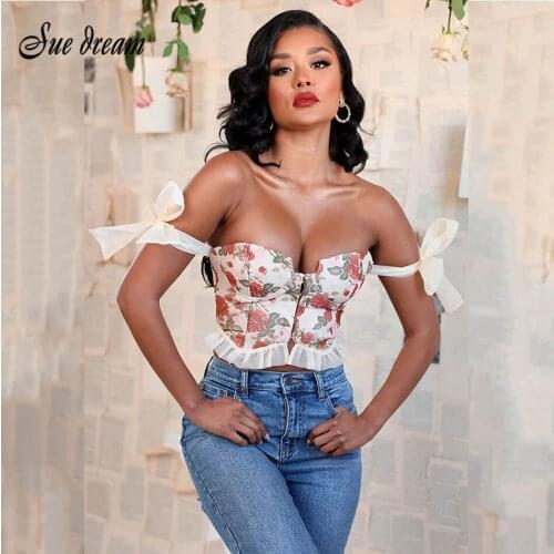 Sexy Printed Lace Ruffle Off Shoulder Backless Bodycon Bandage Top 2021 Elegant Club Party Fashion Short Top