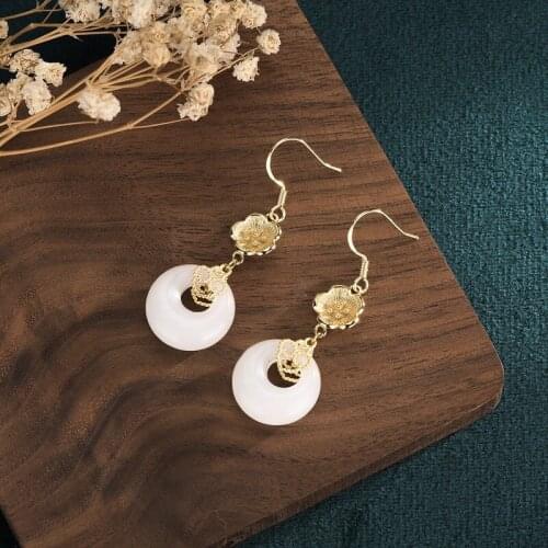 White Stone Flower Drop Earrings for Women Elegant Chinese Ethnic Jewelry for Female Retro Earrings Girls Gift M4