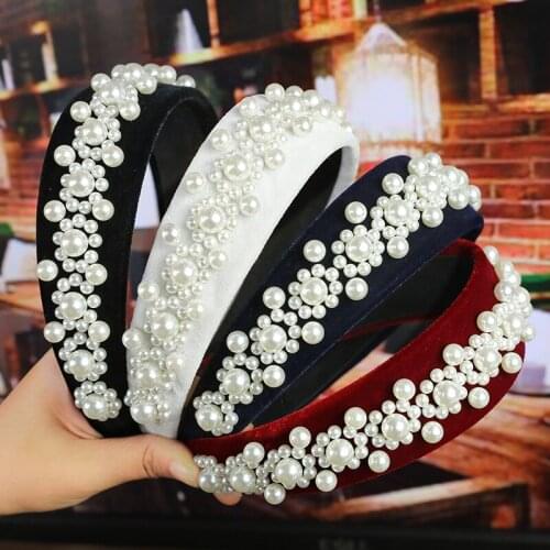Wide White Red Black Navy Velvet Hairbands Floral Pearls Women Girls Headbands For Princess Prom Hair Jewelry