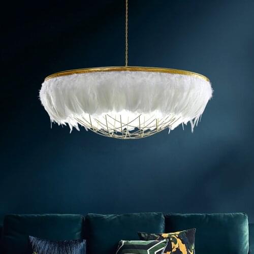 Modern luxury white feather chandelier Nordic romantic round chandelier living room bedroom kitchen hanging lamp decorative lamp