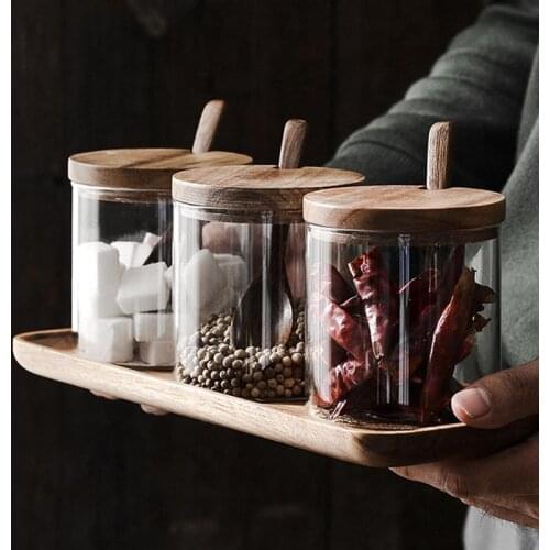 1pcs Kitchen Seasoning Jar Glass Spice Container Salt Jars Condiment Pot with Lid and Spoon Seasoning storage Jar Glass Jar
