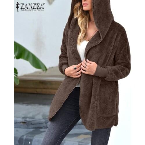 Stylish Fluffy Coats Womens Hooded Hoodies Jackets ZANZEA 2021 Casual Long Sleeve Outwears Female Open Front Overcoat Oversized