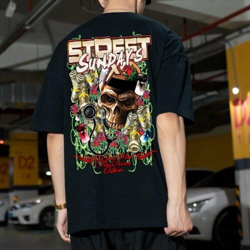 100% Cotton Harajuku Style Top Short-sleeved T-shirt Mens Shirt Loose Street Oversized T-shirt Five-point Sleeve Half Sleeve
