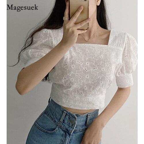 Korean Square Neck Puff Sleeve Short Shirt Summer Hollow Out Women Tops 2021 Slim Chic Floral Embroidery Lace Blouse Blusa 14296